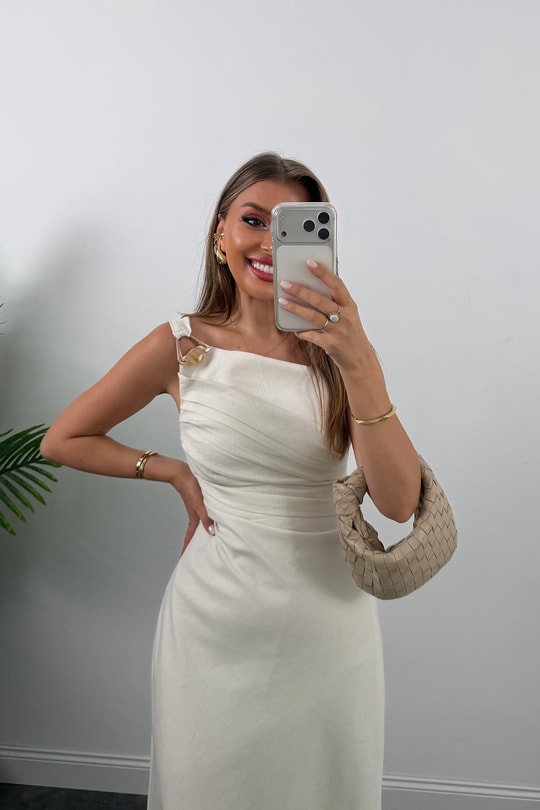 Premium Seri Drapeli Omuz Detaylı Ham Keten Elbise Ekru