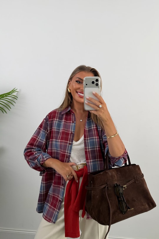Premium Seri Ekoseli Pamuklu Gömlek Bordo Mavi