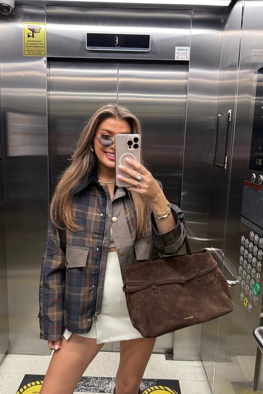 Premium Seri Ekoseli Yakası Kadife Trençkot