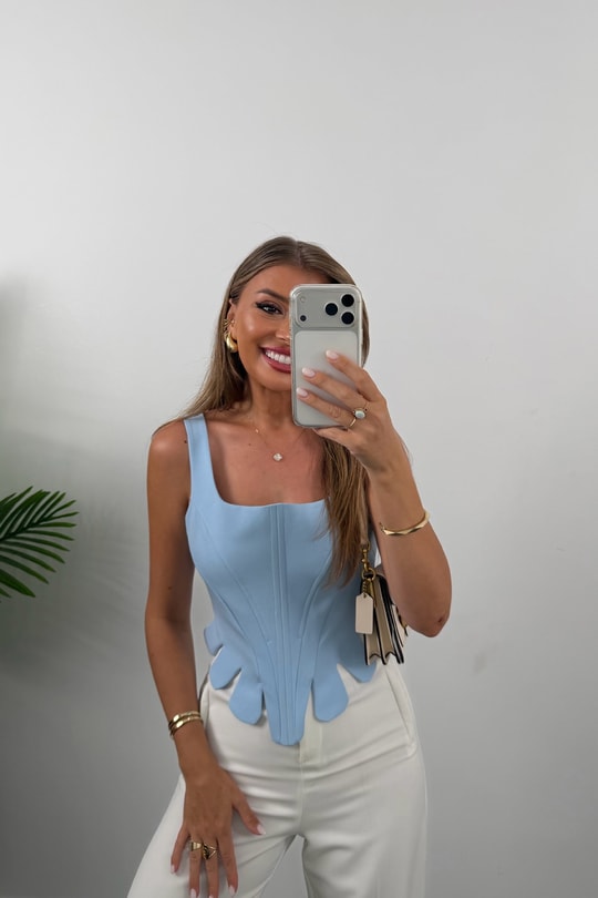 Premium Seri Eteği Dilimli Tasarım Korse Bluz Pastel Mavi