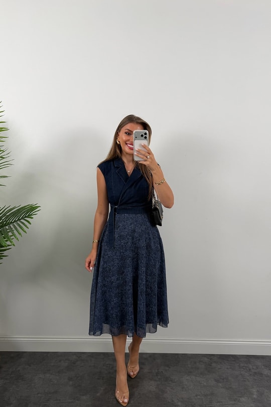 Premium Seri Eteği Tasarım Midi Boy Kloş Jean Elbise Lacivert
