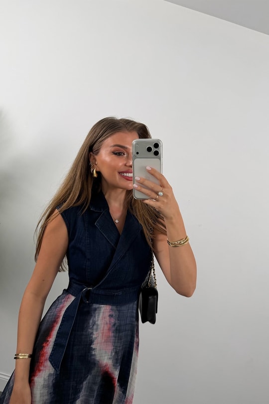 Premium Seri Eteği Tasarım Midi Boy Kloş Jean Elbise Renkli