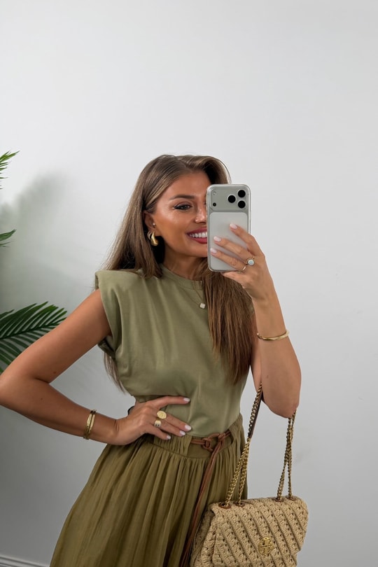 Premium Seri Eteği Tensel Vatkalı Kemerli Midi Elbise Olive