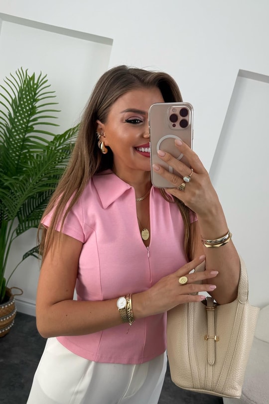 Premium Seri Fermuarlı Polo Yaka Pamuk İçerikli Çelik Basic Pembe 