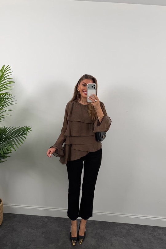 Premium Seri Fırfırlı Tensel Bluz Kahve