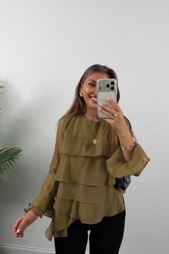 Premium Seri Fırfırlı Tensel Bluz Olive 