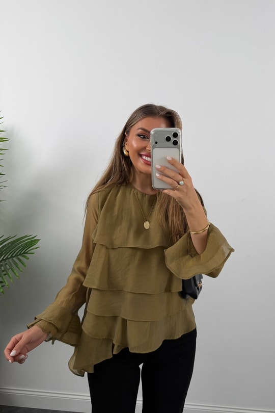 Premium Seri Fırfırlı Tensel Bluz Olive 