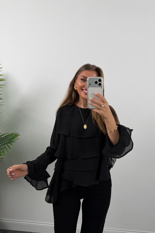 Premium Seri Fırfırlı Tensel Bluz Siyah