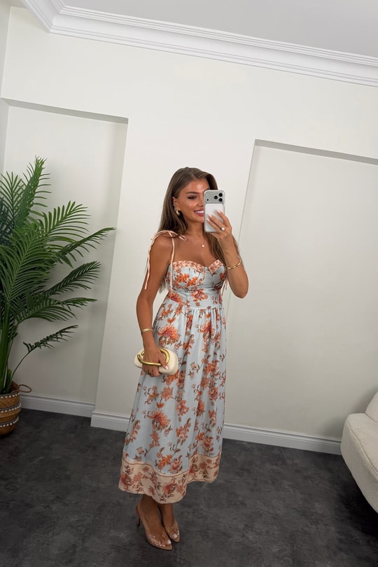 Premium Seri Floral Desenli Midi Boy Tasarım Keten Elbise