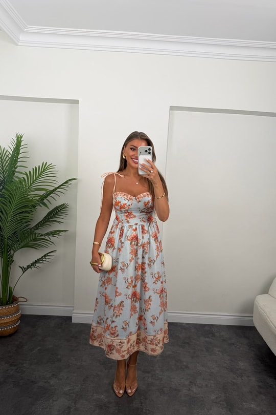 Premium Seri Floral Desenli Midi Boy Tasarım Keten Elbise