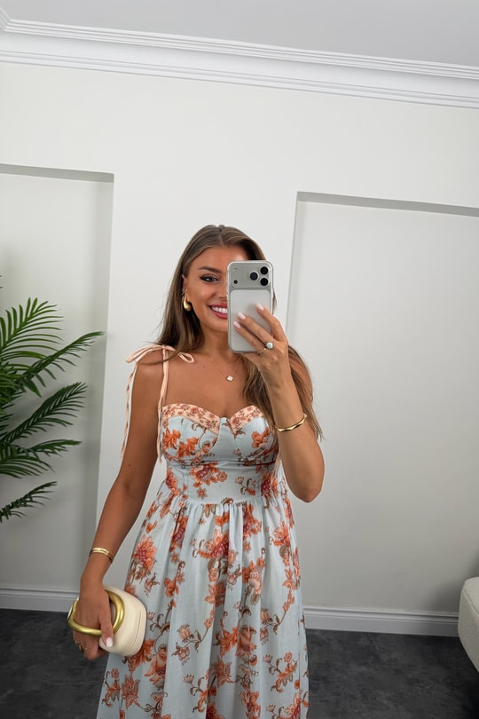 Premium Seri Floral Desenli Midi Boy Tasarım Keten Elbise