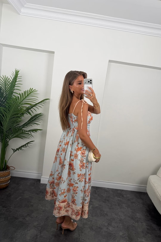 Premium Seri Floral Desenli Midi Boy Tasarım Keten Elbise