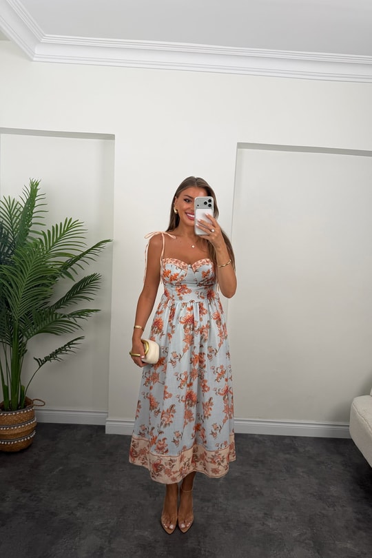 Premium Seri Floral Desenli Midi Boy Tasarım Keten Elbise