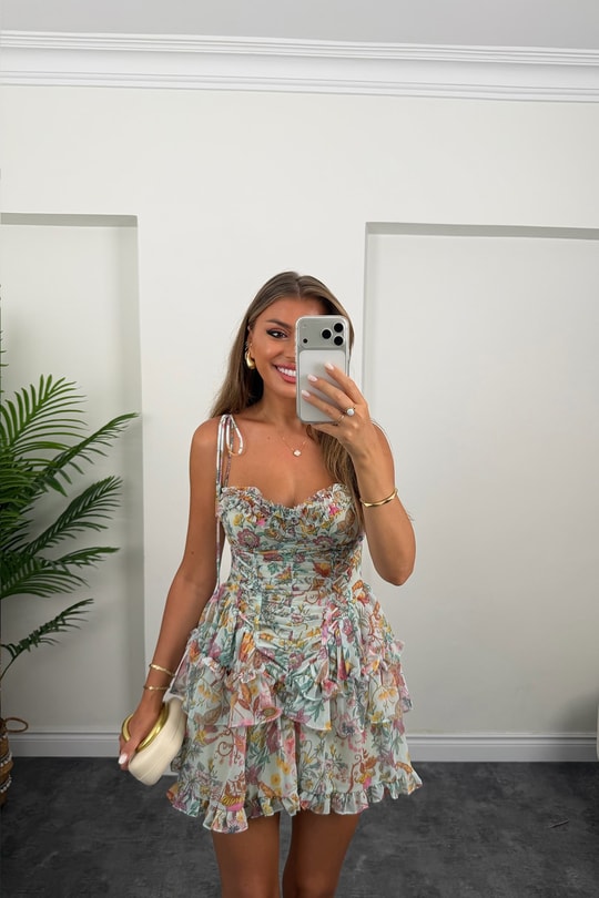 Premium Seri Floral Tasarım Kısa Elbise