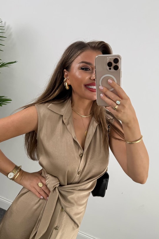 Premium Seri Gold Düğmeli Bağlamalı Midi Gömlek Elbise Vizon
