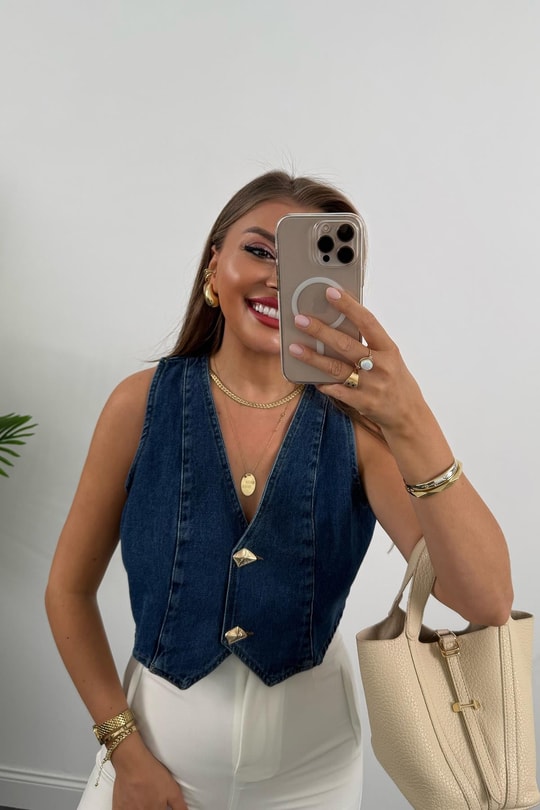 Premium Seri Gold Düğmeli Kısa Jean Yelek