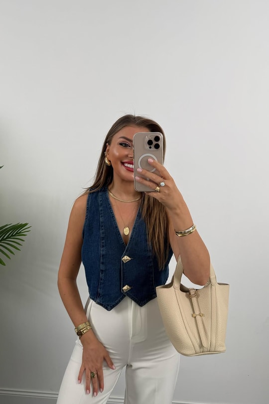 Premium Seri Gold Düğmeli Kısa Jean Yelek