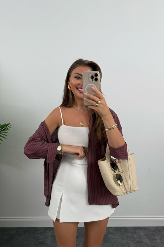 Premium Seri Gül Kurusu Çizgili Salaş Gömlek