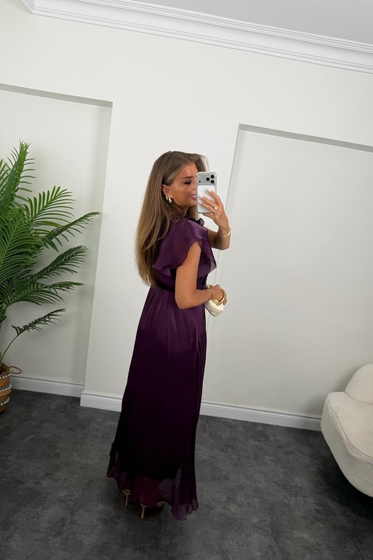 Premium Seri İpek Organze Volanlı Maxi Elbise Mürdüm