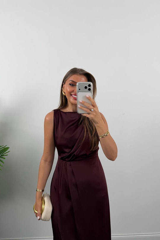 Premium Seri İpek Saten Drapeli Düz Renk Midi Elbise Mürdüm
