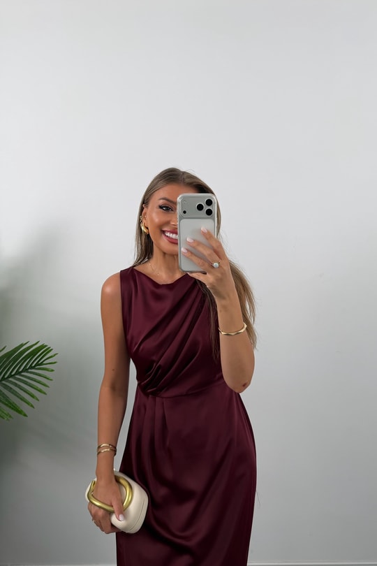 Premium Seri İpek Saten Drapeli Düz Renk Midi Elbise Mürdüm