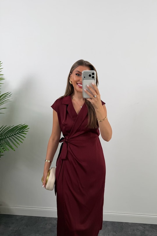 Premium Seri İpek Saten Midi Boy Anvelop Elbise Bordo