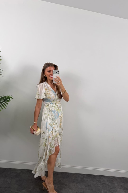 Premium Seri İpek Şifon Foral Midi Elbise