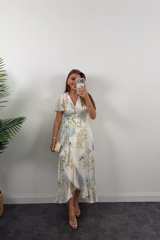 Premium Seri İpek Şifon Foral Midi Elbise