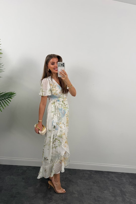 Premium Seri İpek Şifon Foral Midi Elbise