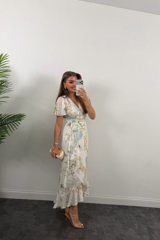 Premium Seri İpek Şifon Foral Midi Elbise