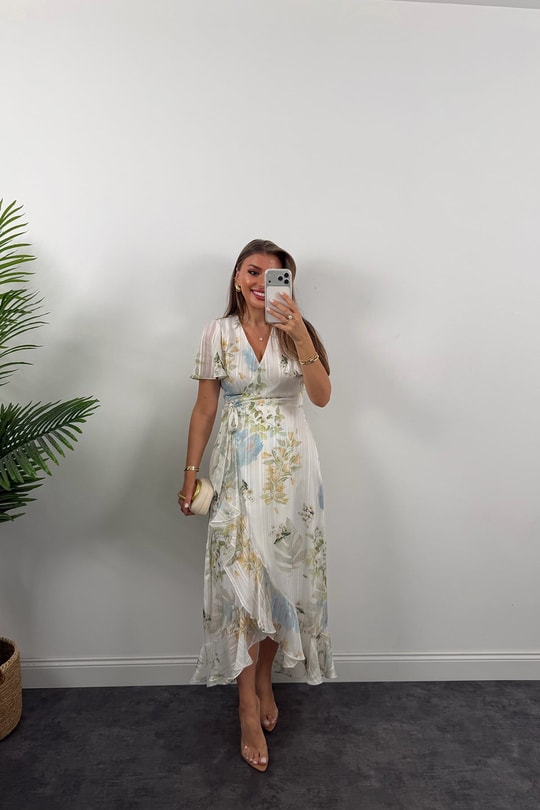 Premium Seri İpek Şifon Foral Midi Elbise