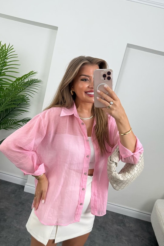 Premium Seri İpeksi Transparan Gömlek Pembe