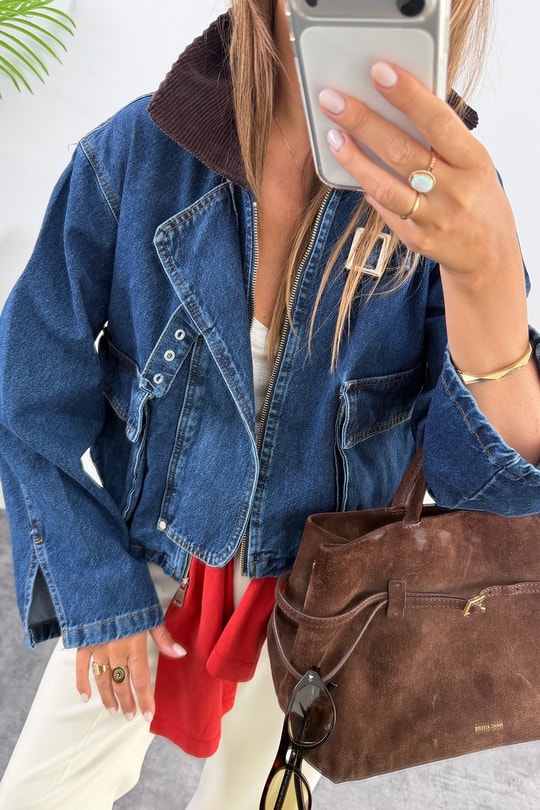 Premium Seri Kadife Yaka Tasarım Jean Ceket