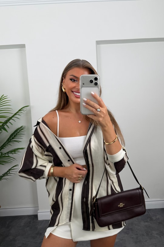 Premium Seri Kahve Taş Çizgili Salaş Gömlek