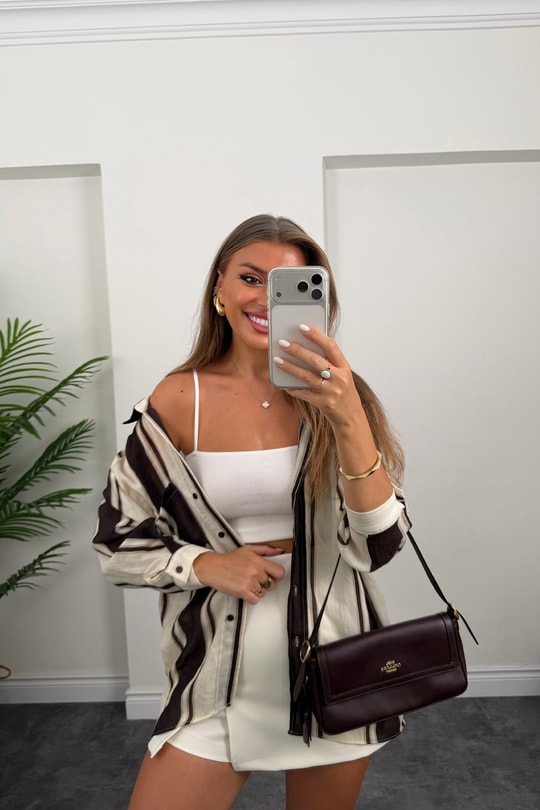 Premium Seri Kahve Taş Çizgili Salaş Gömlek