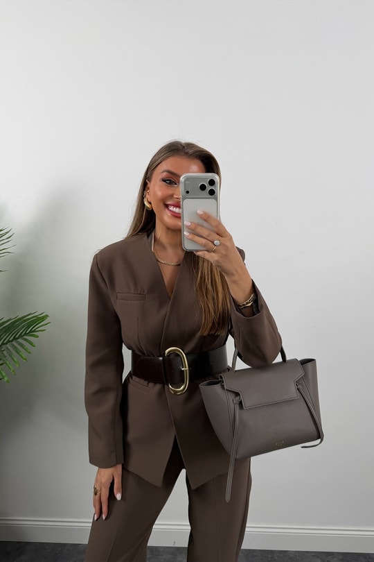 Premium Seri Kalın Kemerli Double Kumaş Vatkalı Ceket Koyu Kahve