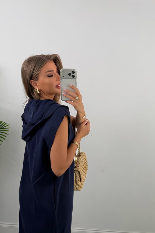 Premium Seri Kapüşonlu Tensel Salaş Elbise İndigo 
