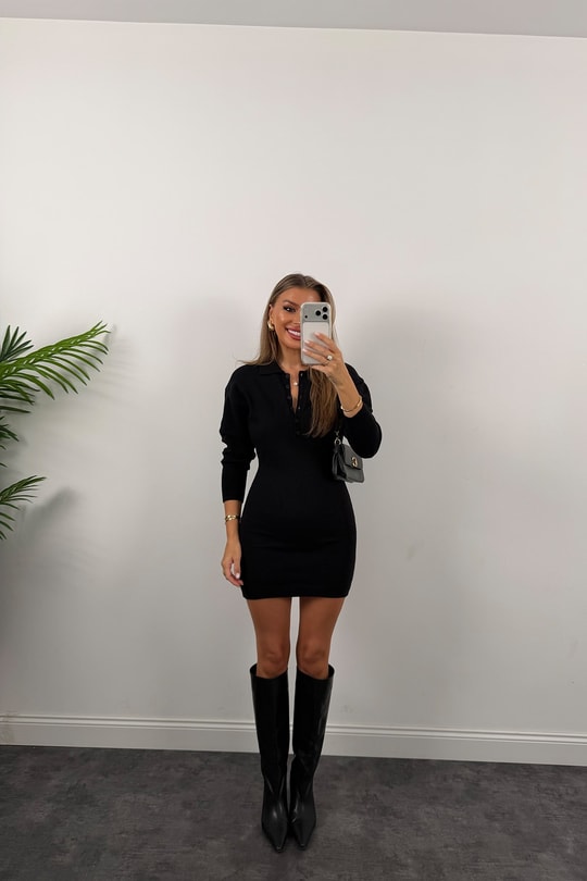 Premium Seri Kaşmir Dokulu Polo Yaka Triko Elbise Siyah