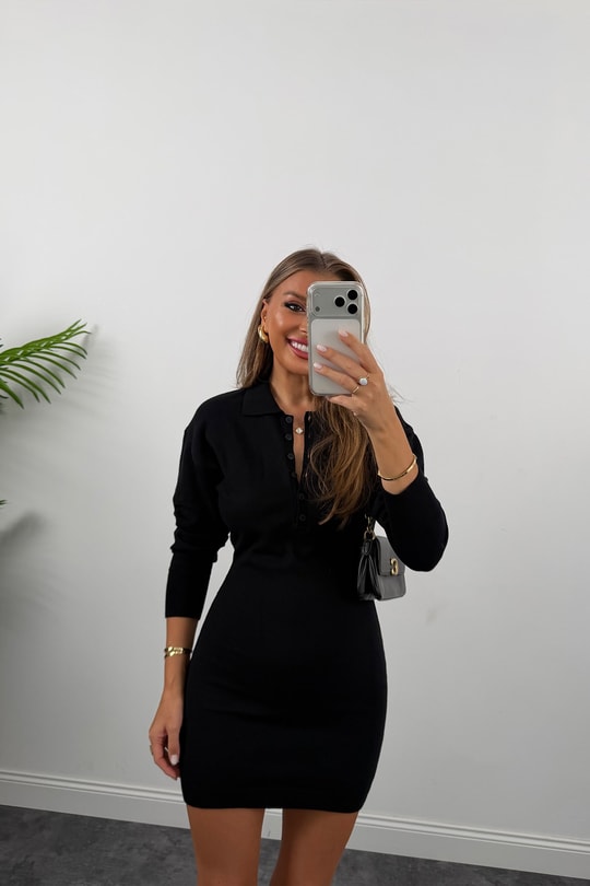 Premium Seri Kaşmir Dokulu Polo Yaka Triko Elbise Siyah