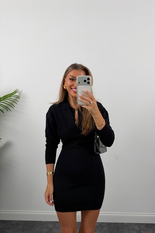 Premium Seri Kaşmir Dokulu Polo Yaka Triko Elbise Siyah