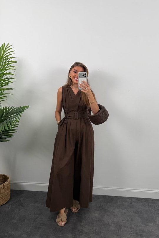 Premium Seri Kemerli Bol Paça Safari Tulum Kahverengi