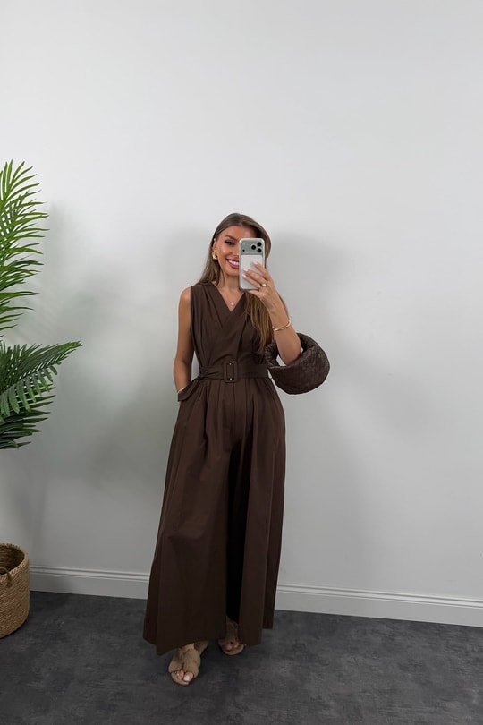 Premium Seri Kemerli Bol Paça Safari Tulum Kahverengi