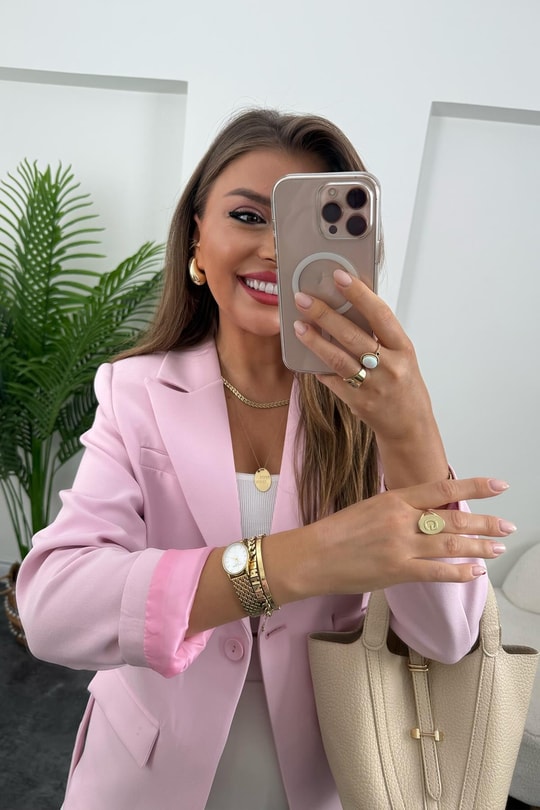 Premium Seri Kemerli Oturtma Double Kumaş Blazer Pembe