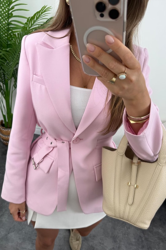 Premium Seri Kemerli Oturtma Double Kumaş Blazer Pembe