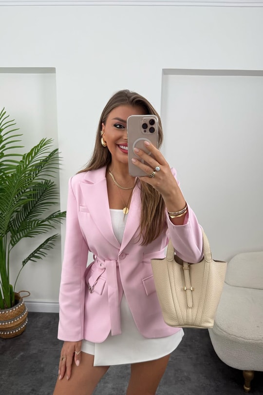 Premium Seri Kemerli Oturtma Double Kumaş Blazer Pembe