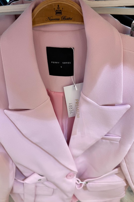 Premium Seri Kemerli Oturtma Double Kumaş Blazer Pembe