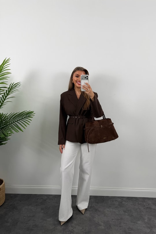Premium Seri Kemerli Özel Dokulu Poliviskon Blazer Acı Kahve