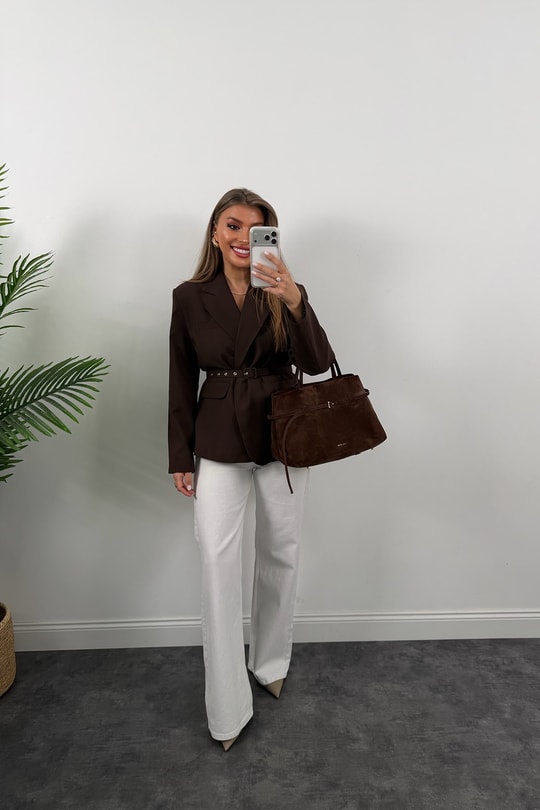 Premium Seri Kemerli Özel Dokulu Poliviskon Blazer Acı Kahve