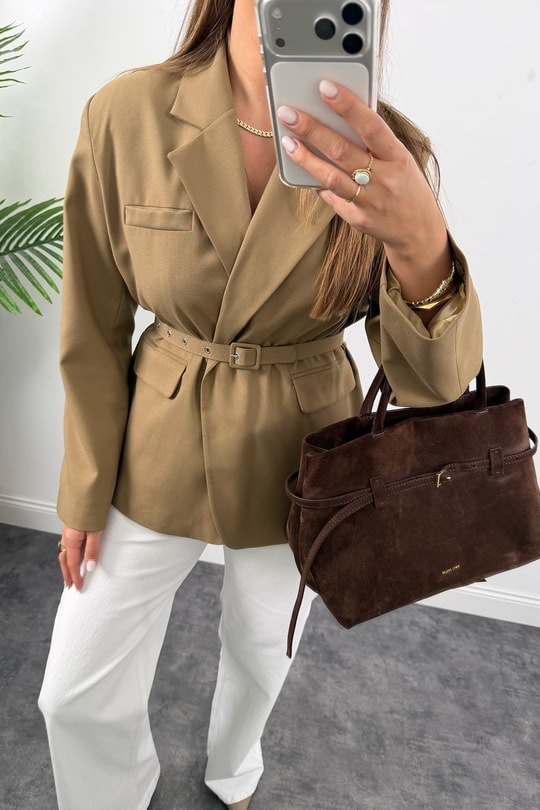 Premium Seri Kemerli Özel Dokulu Poliviskon Blazer Karamel