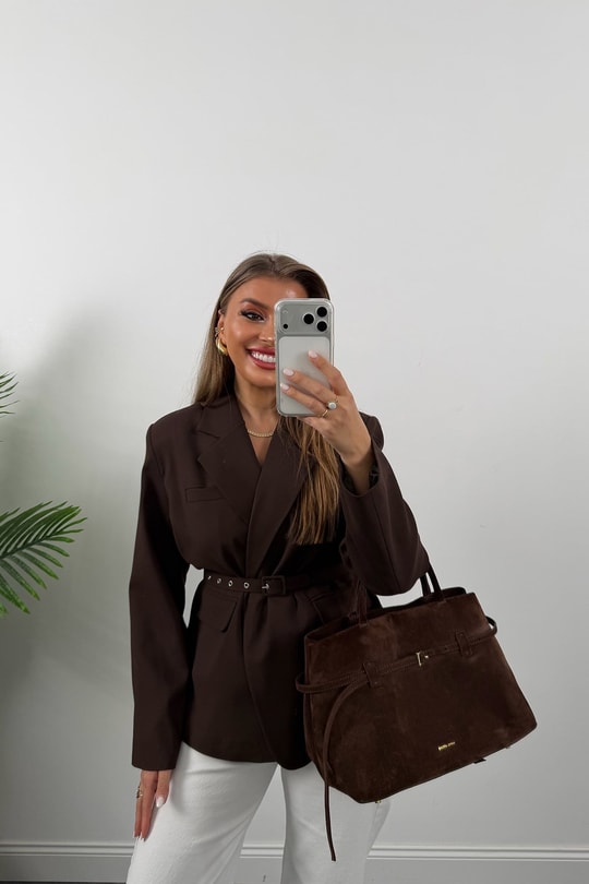 Premium Seri Kemerli Özel Dokulu Poliviskon Blazer Acı Kahve
